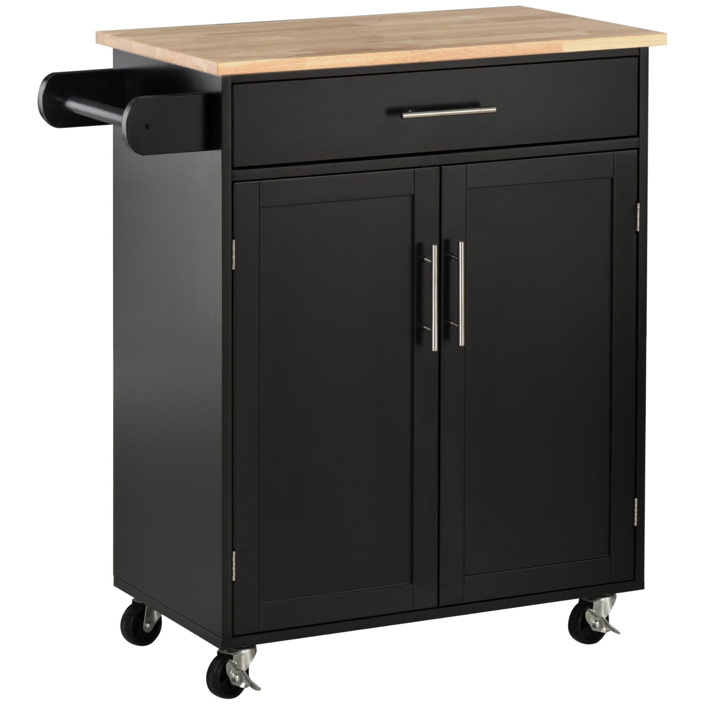 Rolling Kitchen Island Cart with Wood Top, Storage Drawer and Towel Rack, Black