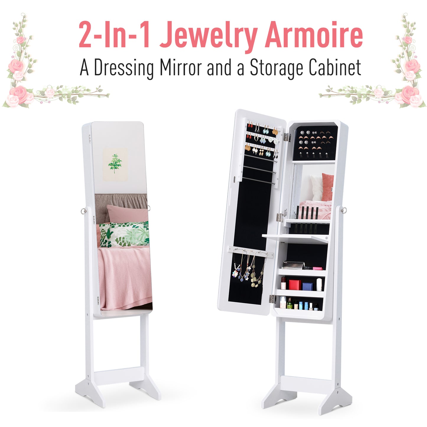 Freestanding LED Lighted Jewelry Armoire with Full-Length Mirror, White