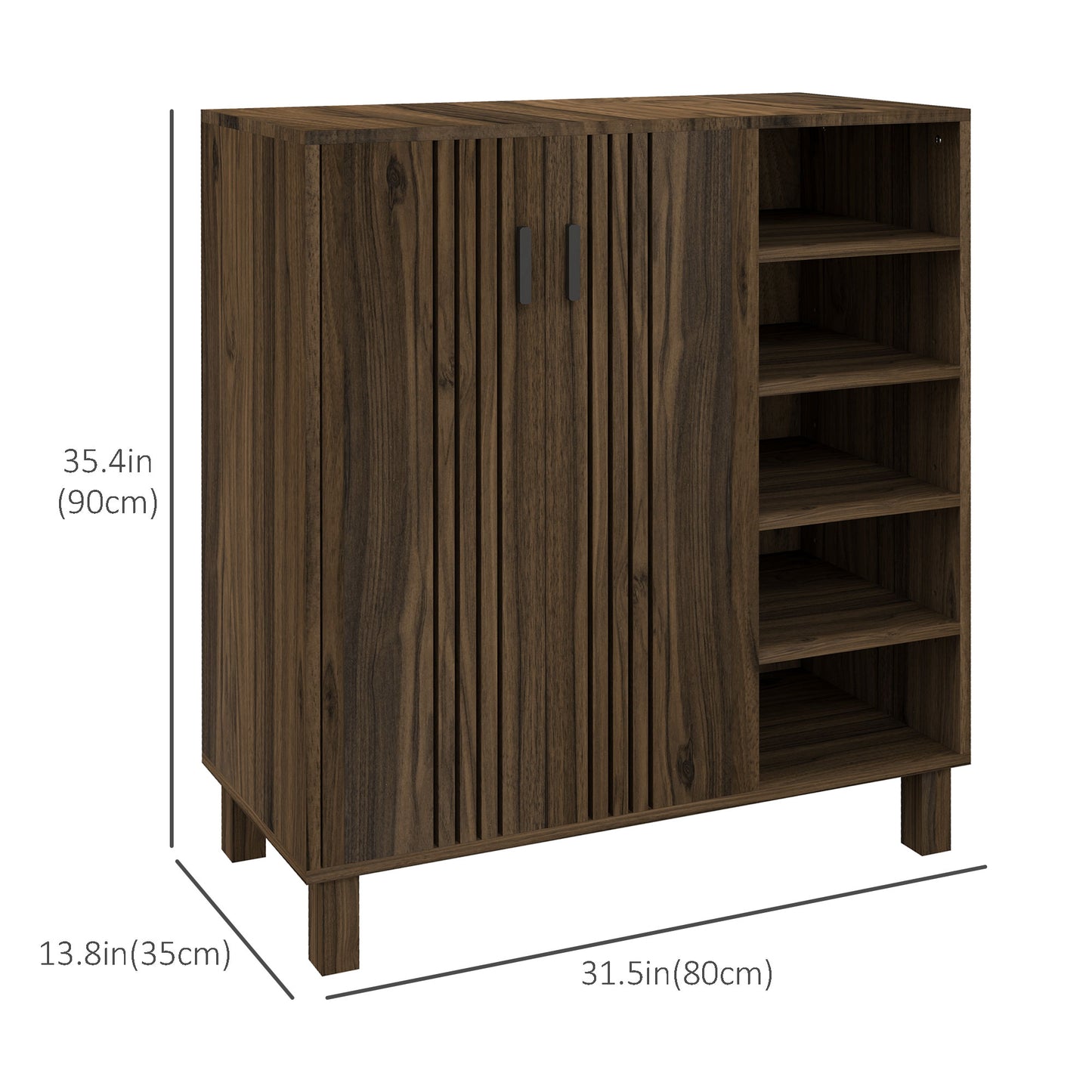 17 Pair Shoe Storage Cabinet with Double Doors and Open Shelves, Walnut