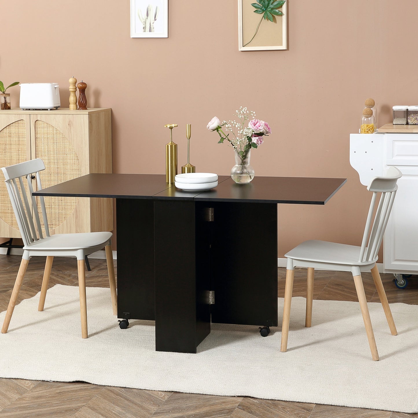 Extendable Dining Table with Storage Shelves and Rolling Wheels - Black