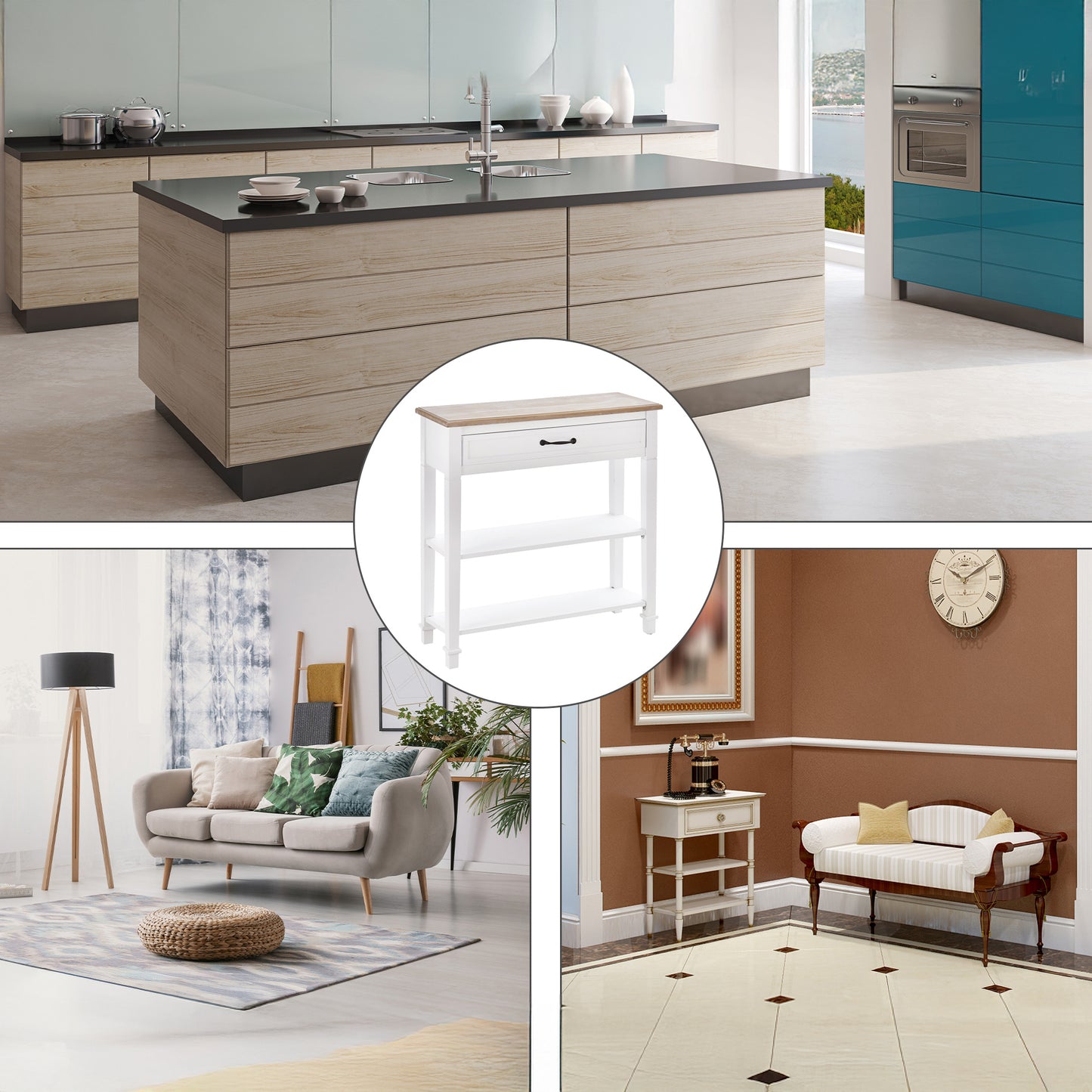 30" Console Table with Retro Design and Multi-Level Storage, White