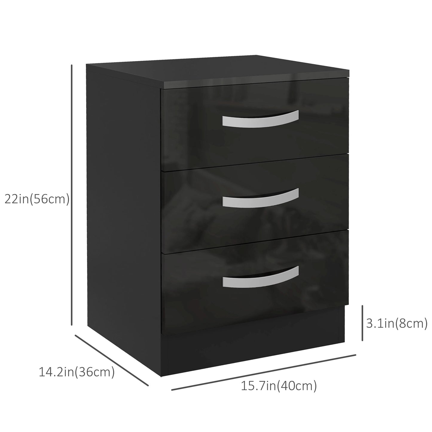 High Gloss 3-Drawer Nightstands, Black (Set of 2)