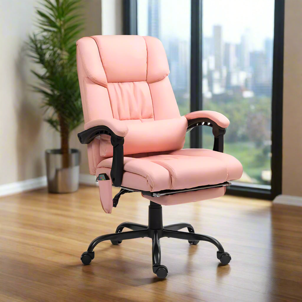 Pink office chair with black armrests and wheels on a white background