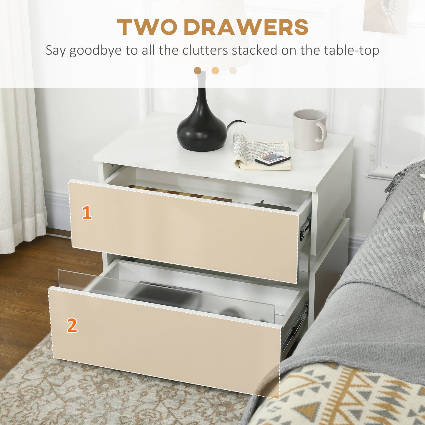 Large LED Nightstand with RGB Lighting and 2 Drawers, White