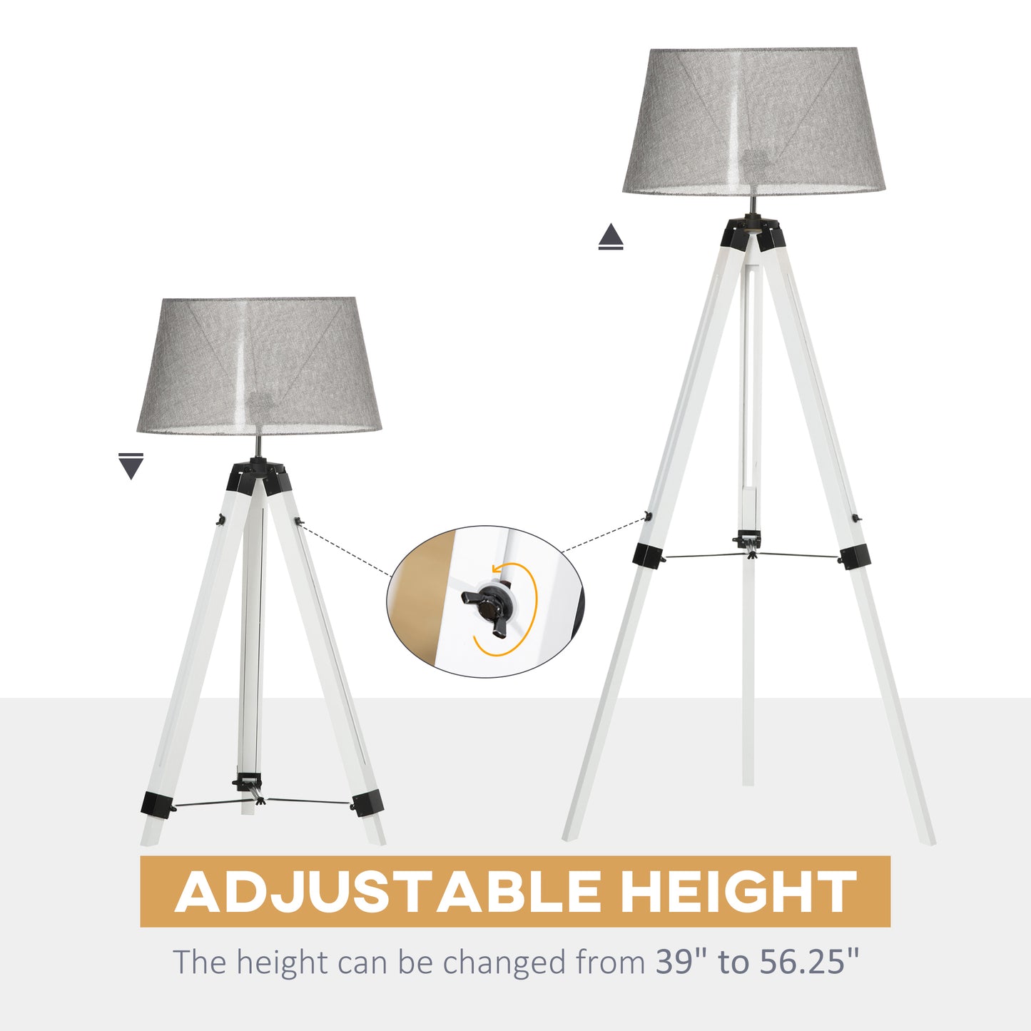 Adjustable Wooden Tripod Floor Lamp - White & Grey