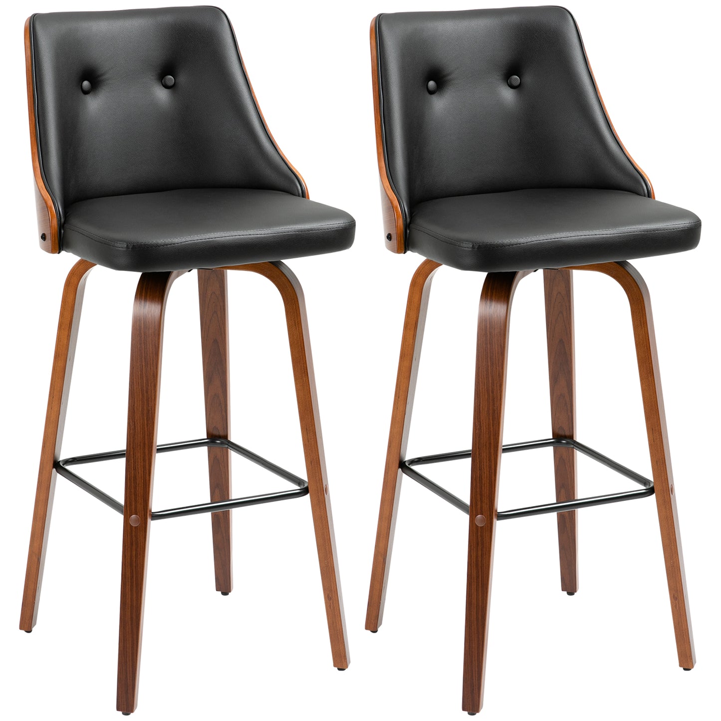 Swivel Bar Stools with Tufted PU Leather and Wood Legs, Black (Set of 2)
