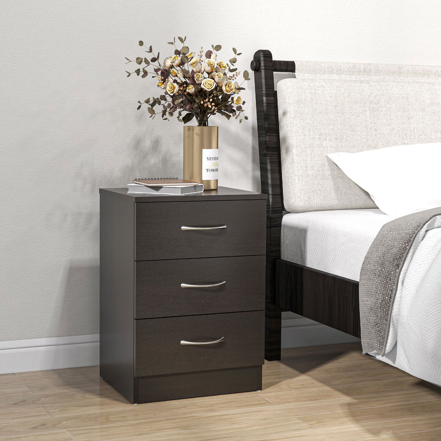 Modern 3-Drawer Nightstands with Anti-Tip Design, Dark Brown (Set of 2)