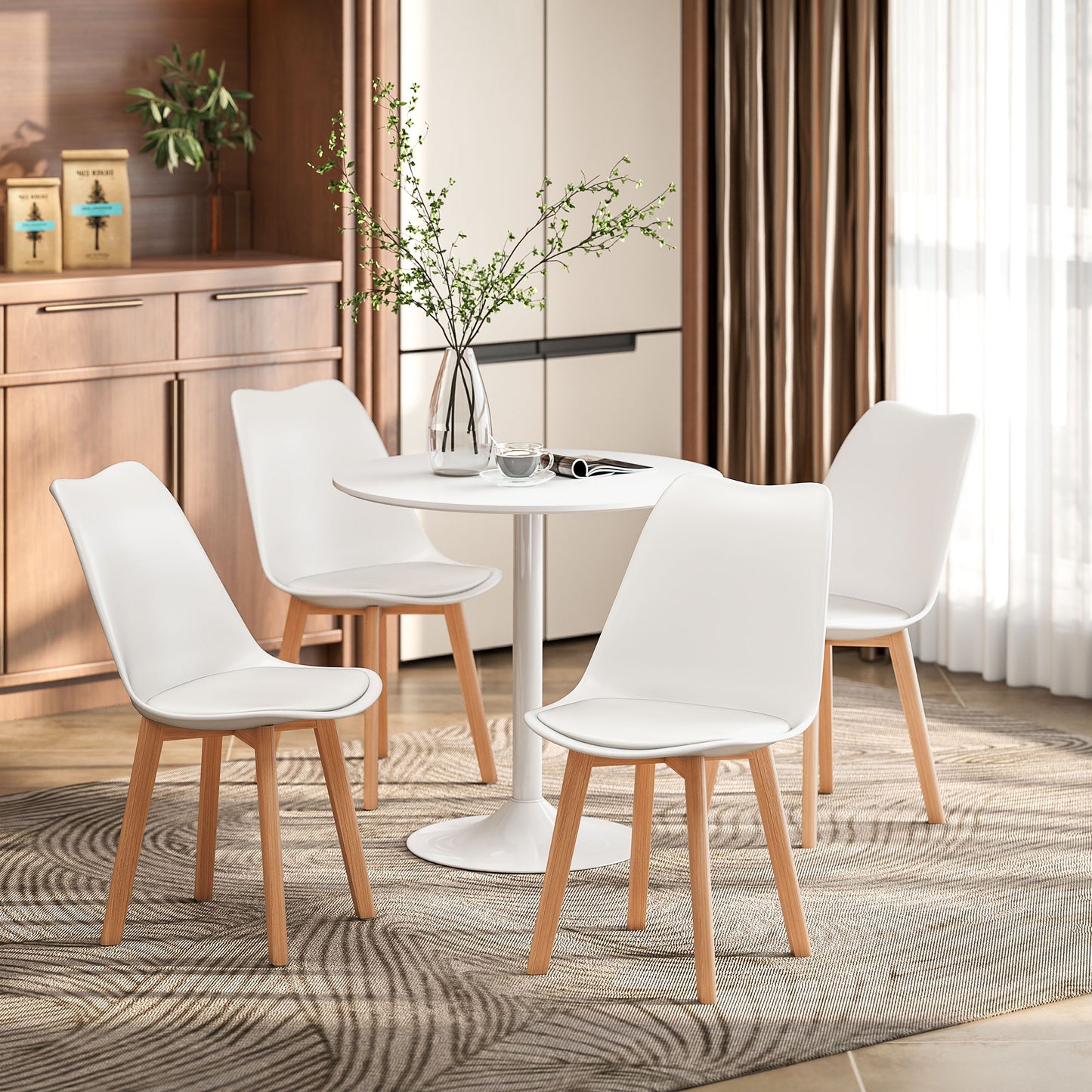 Round Dining Table Set with 4 Padded Chairs and Pedestal Base, White