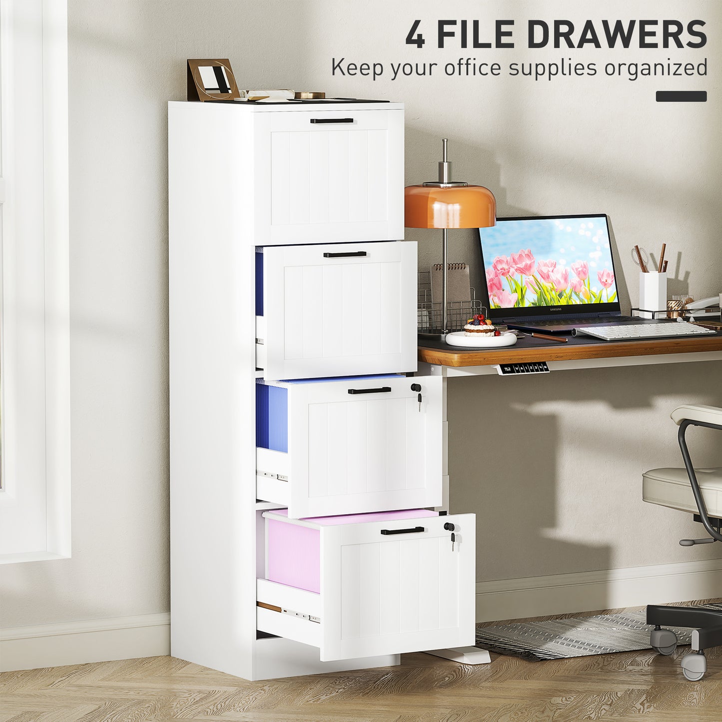 4-Drawer Locking File Cabinet with Adjustable Hanging Bars - White