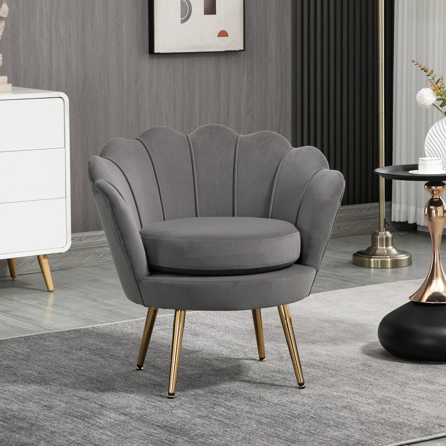 Modern Velvet Accent Chair with Lotus Backrest and Gold Legs, Grey