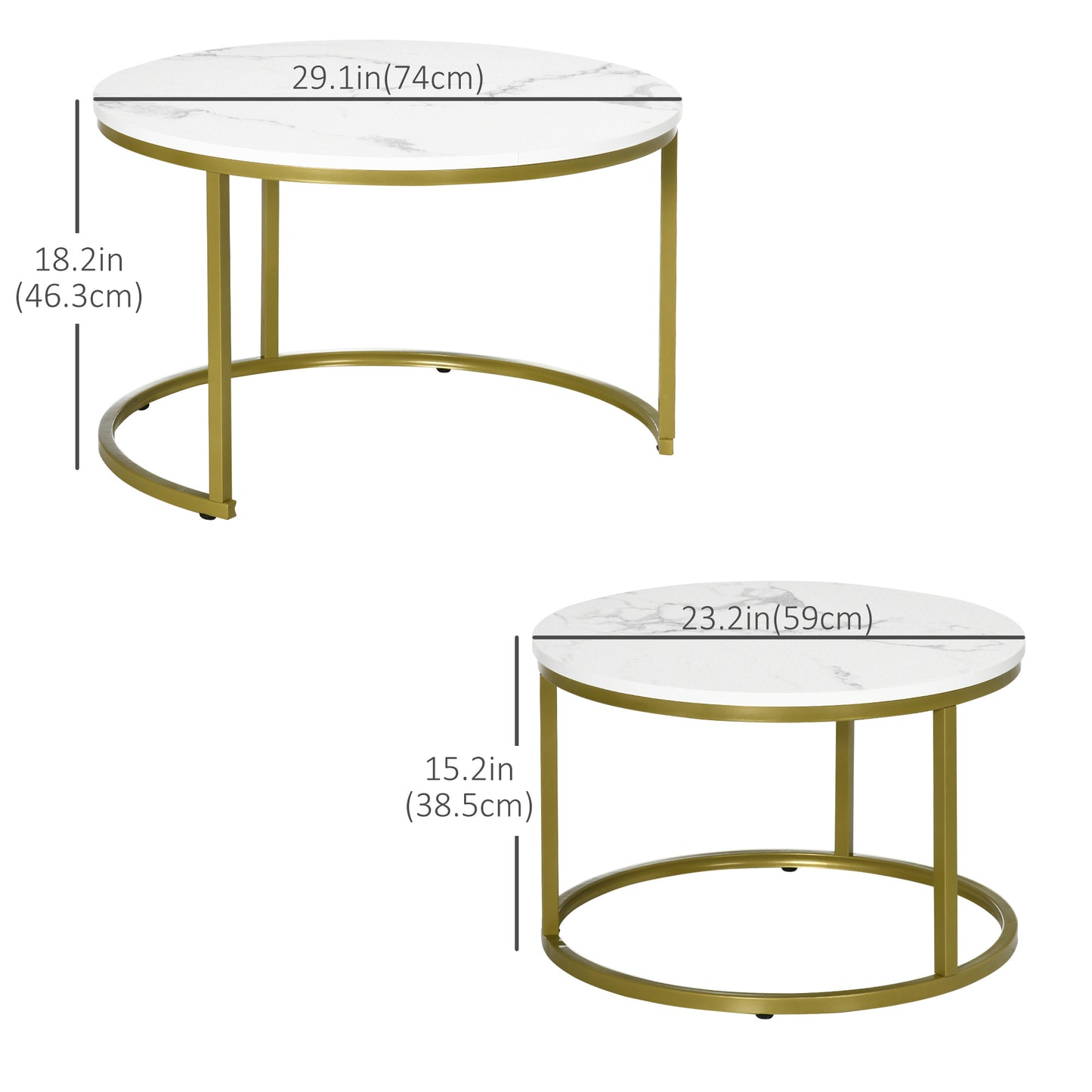 29" Round Nesting Coffee Tables with Faux Marble Top, White and Gold (Set of 2)