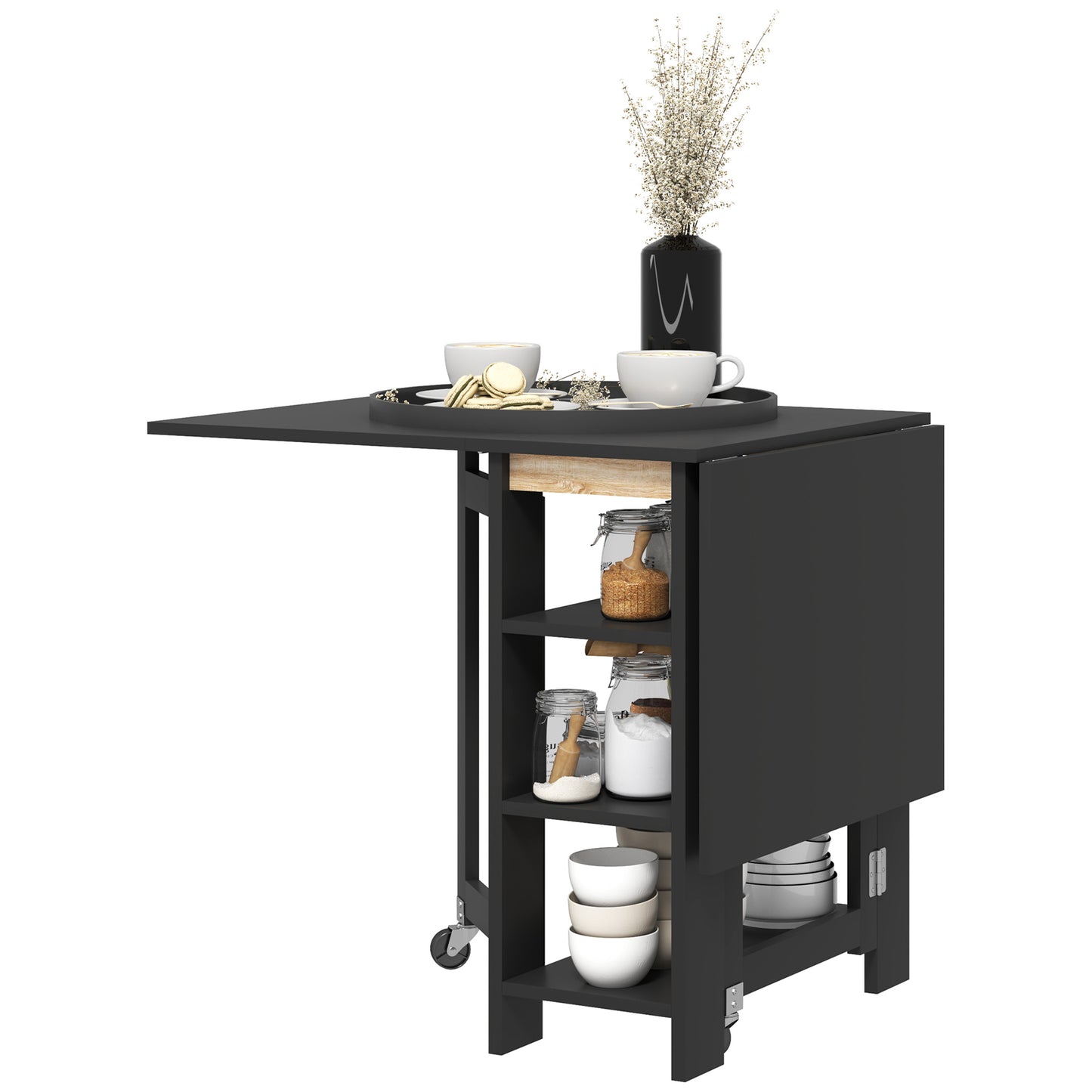 Folding Dining Table with Built-In Storage Shelves - Black