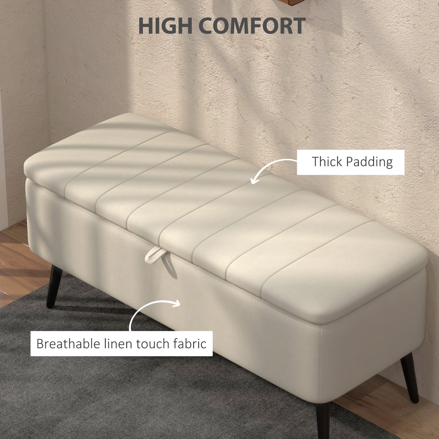 40" Linen Storage Ottoman Bench with Steel Legs, Cream White