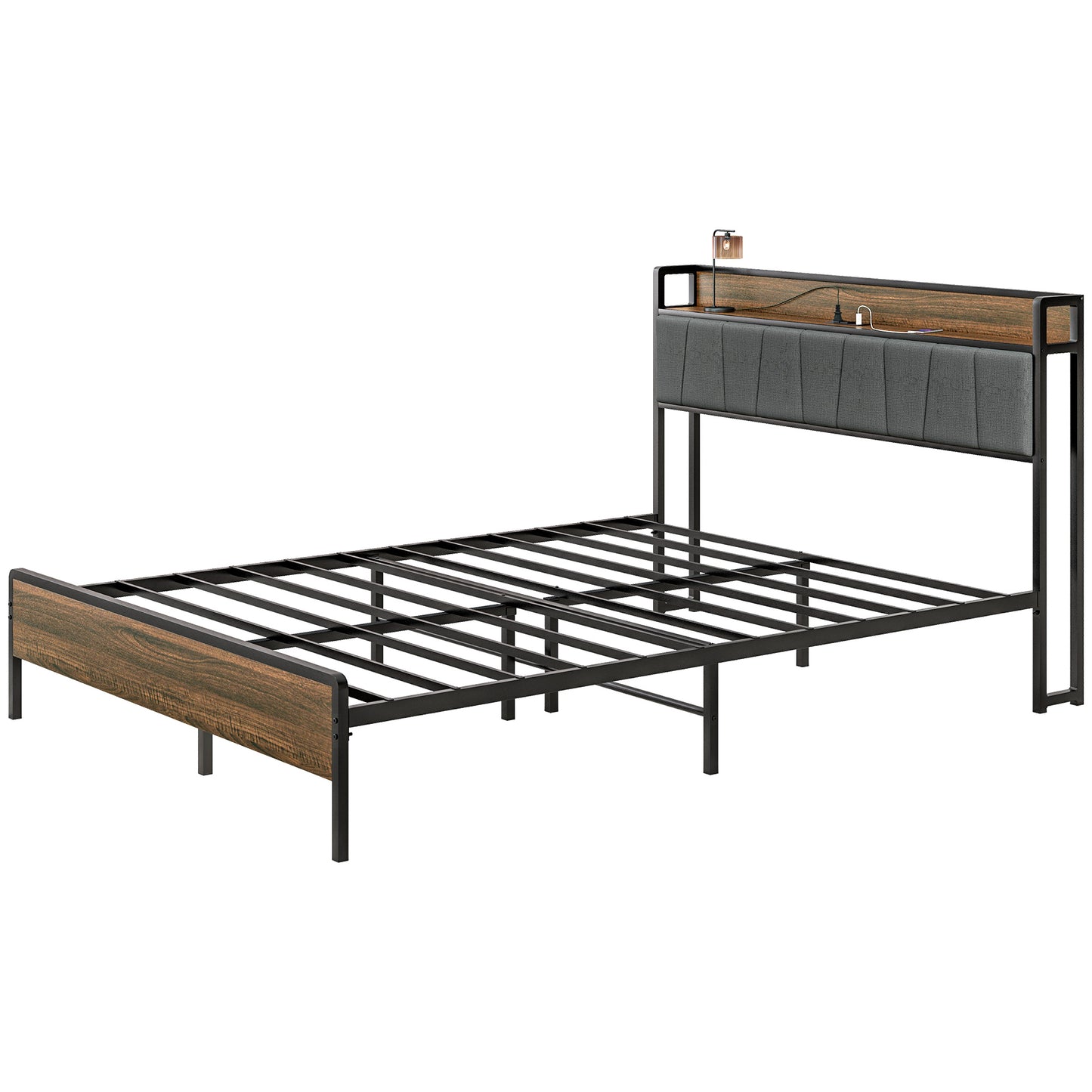 Full Size Bed Frame with Upholstered Headboard and Charging Station