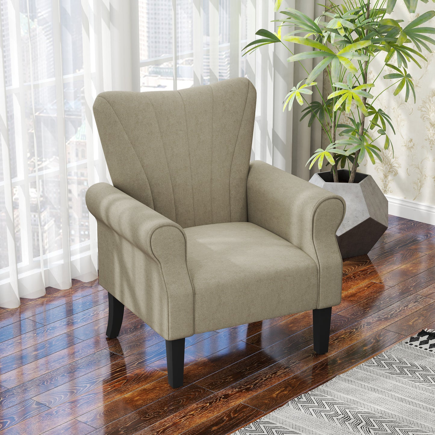 Fabric Wingback Accent Chair with Wood Legs, Beige