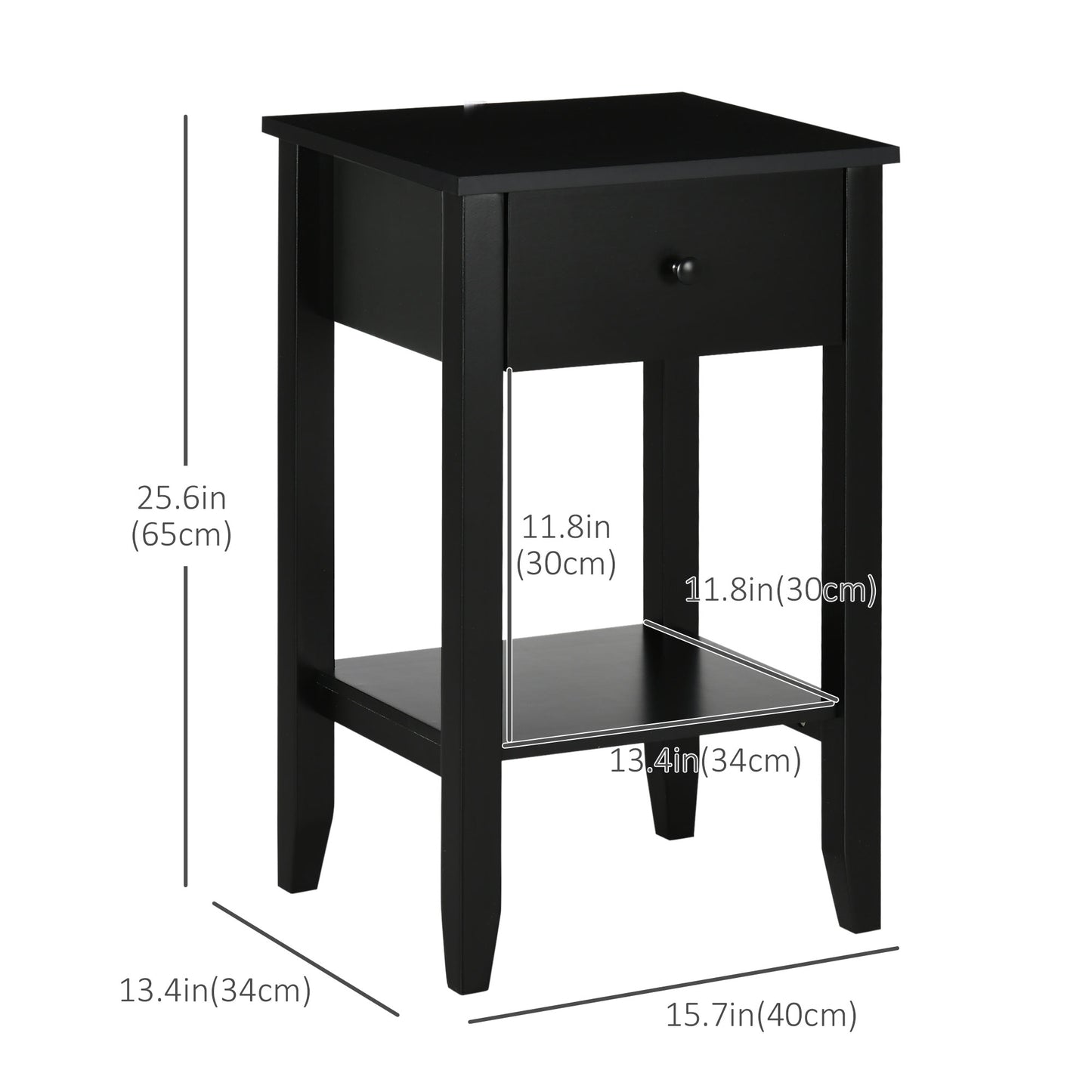 2-Tier Side Tables with Drawer and Shelf, Black (Set of 2)