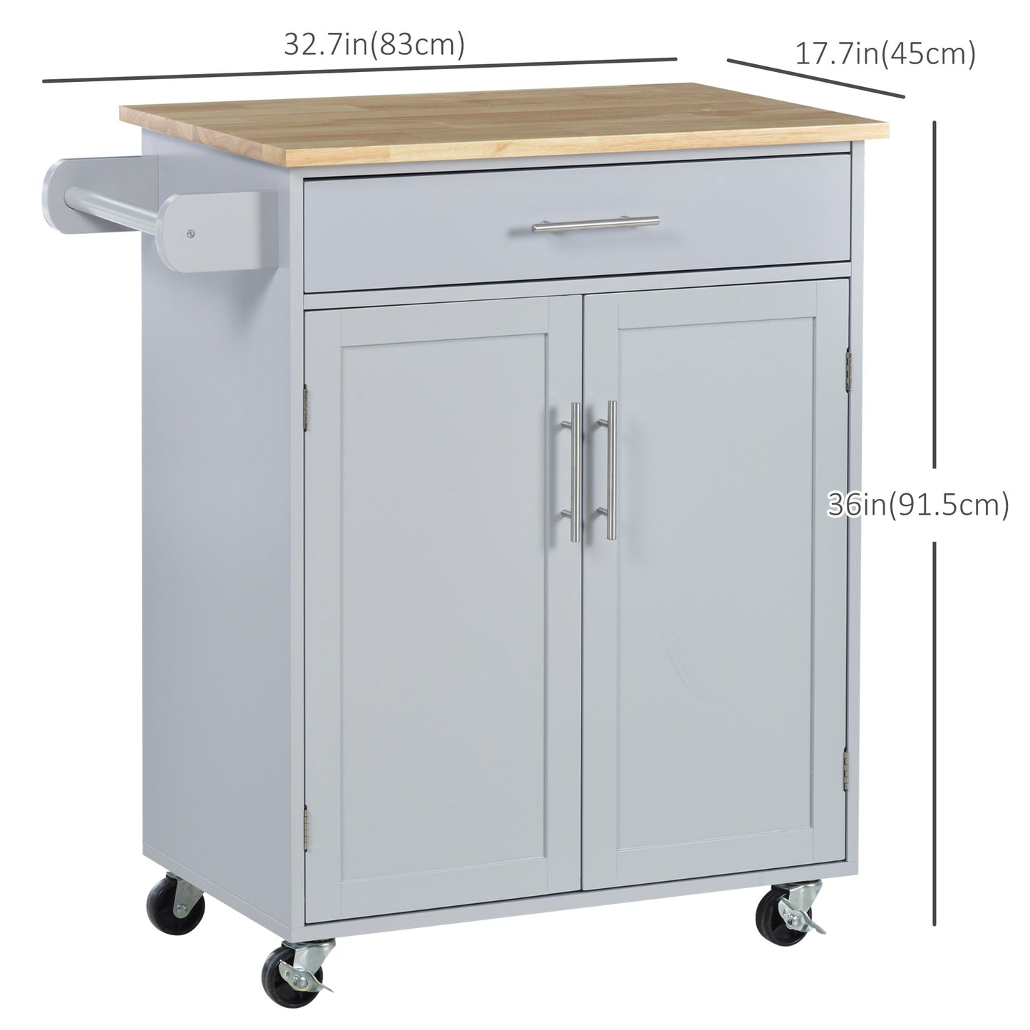 Rolling Kitchen Island Cart with Wood Top, Storage Drawer and Towel Rack, Grey
