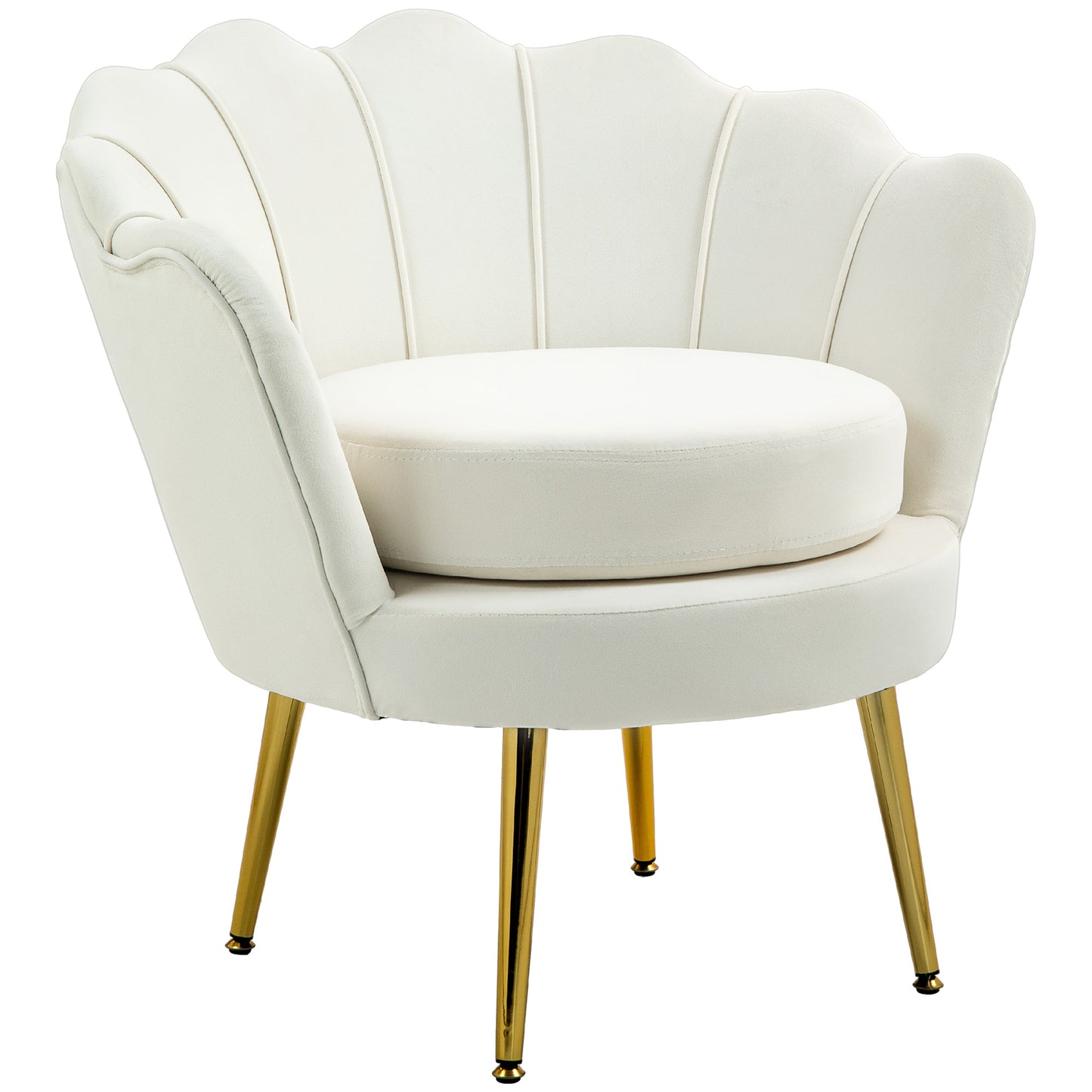 Modern Velvet Accent Chair with Lotus Backrest and Gold Legs, Cream White
