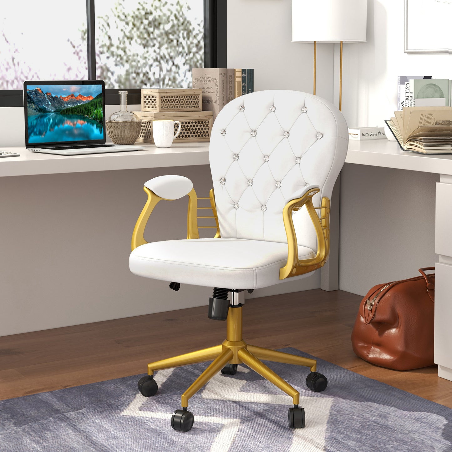 Button-Tufted Velvet Office Chair with Adjustable Height - Gold & White