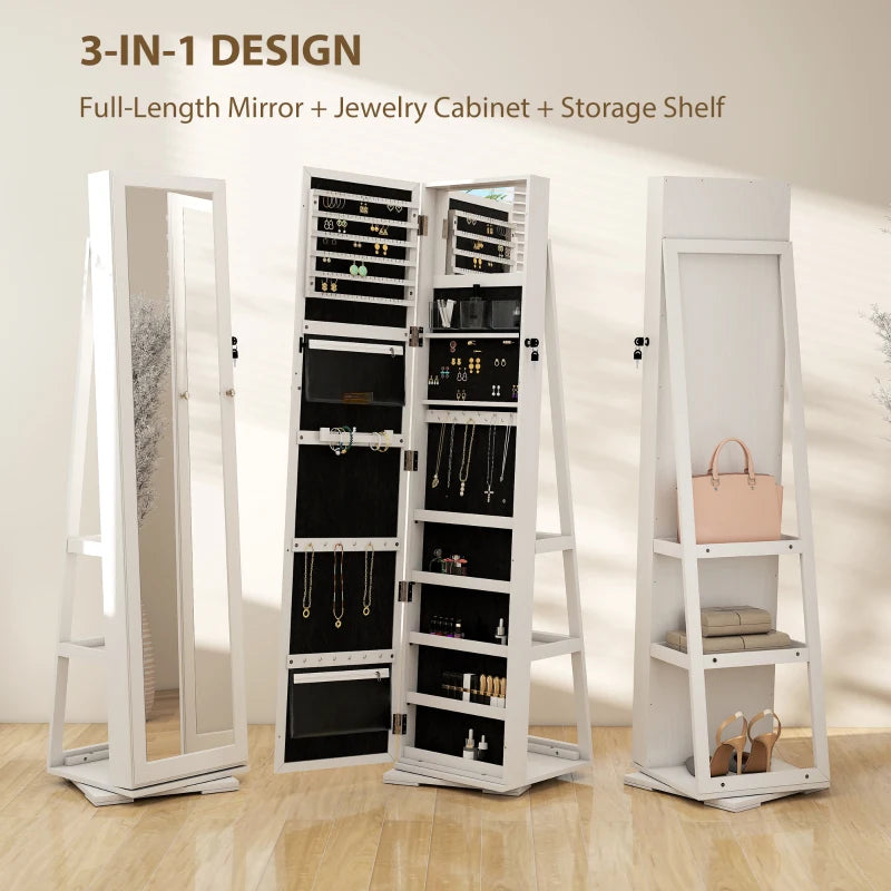 360° Swivel Jewelry Armoire with Lockable Mirror Cabinet, White