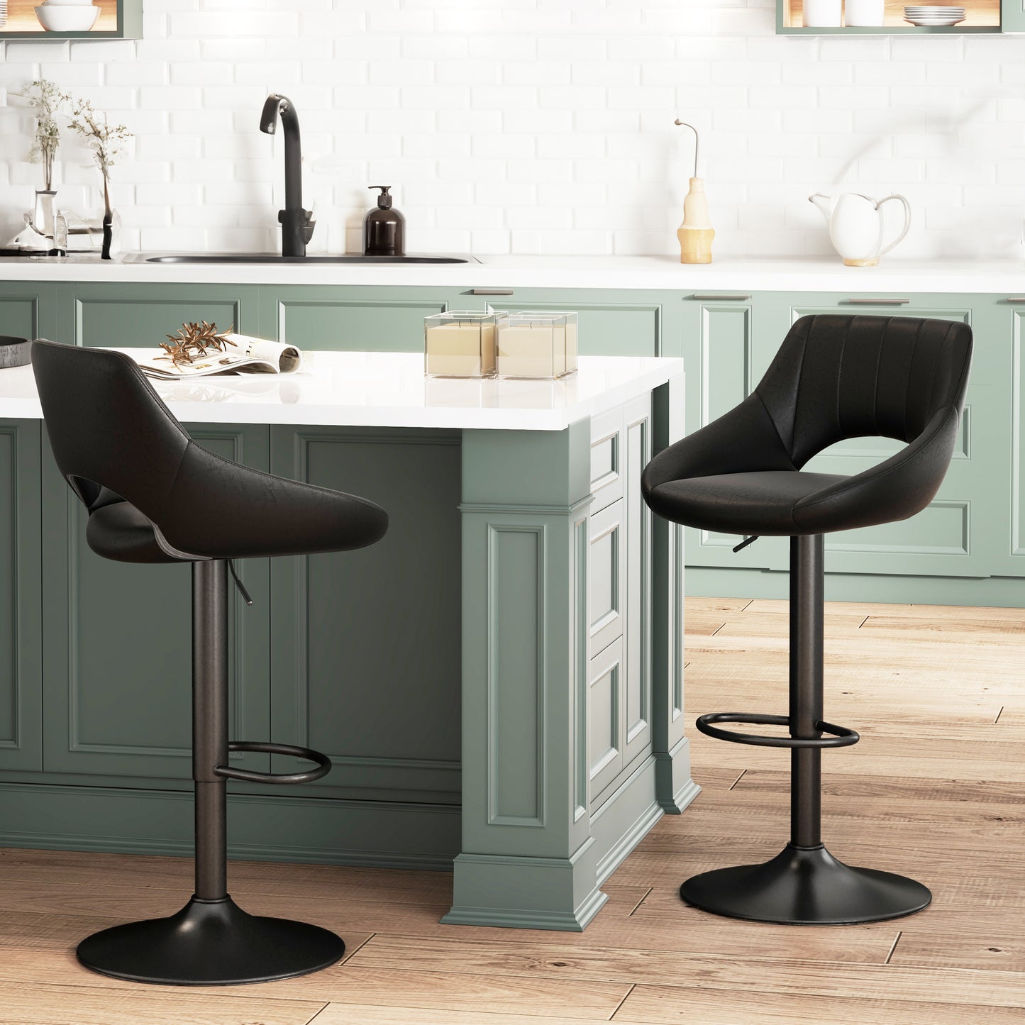 Adjustable Height Swivel Bar Stools with Faux Leather Upholstery, Black (Set of 2)