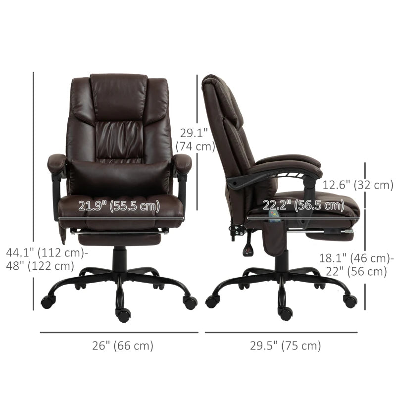 6-Point Massage Office Chair with Adjustable Height and Retractable Footrest, Brown
