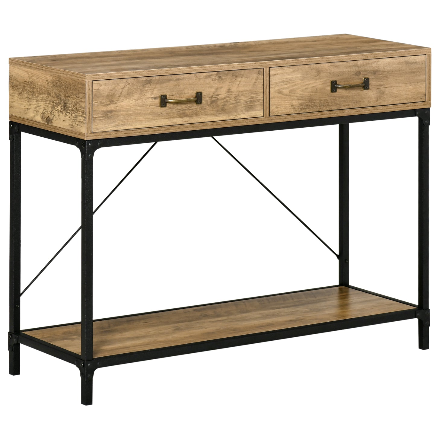 39" Vintage Console Table with Industrial Frame and Storage, Brown