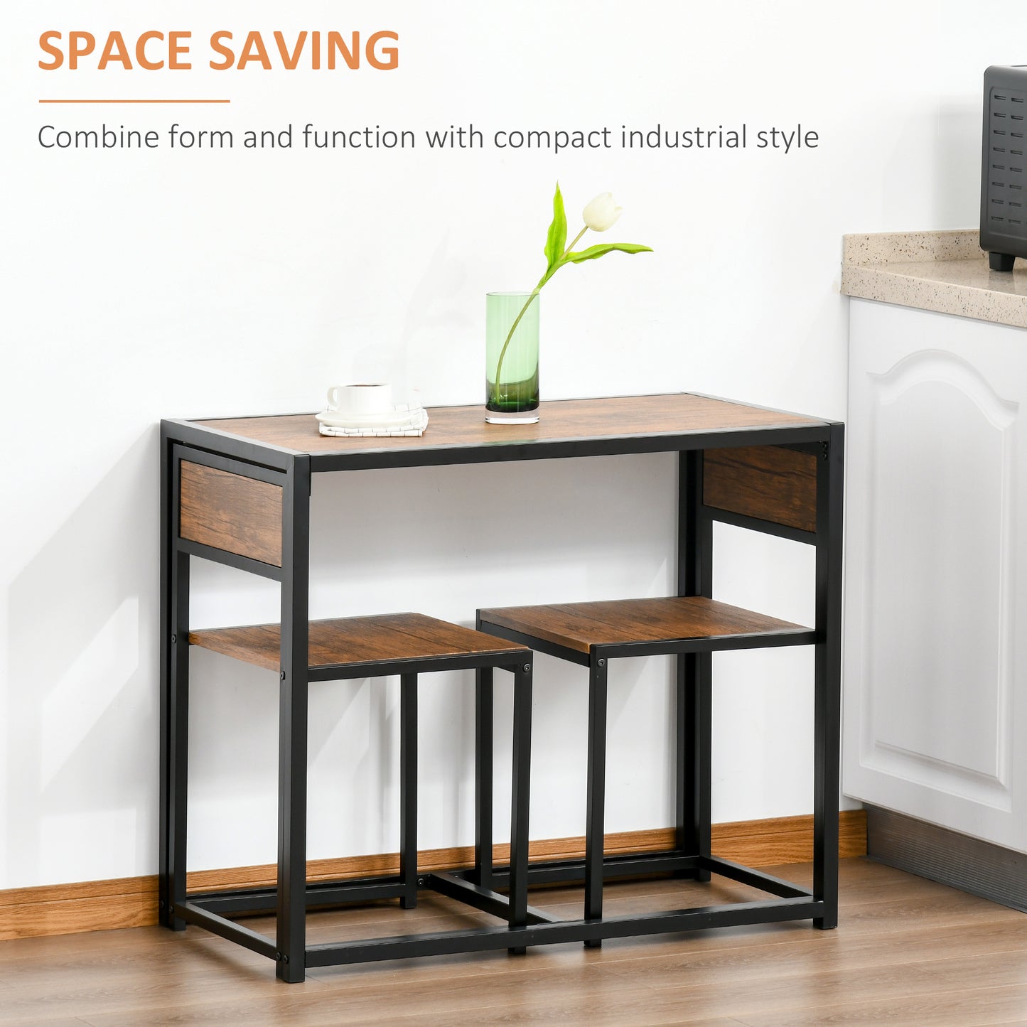 2-Person Industrial Dining Table Set for Small Spaces - Rustic Brown