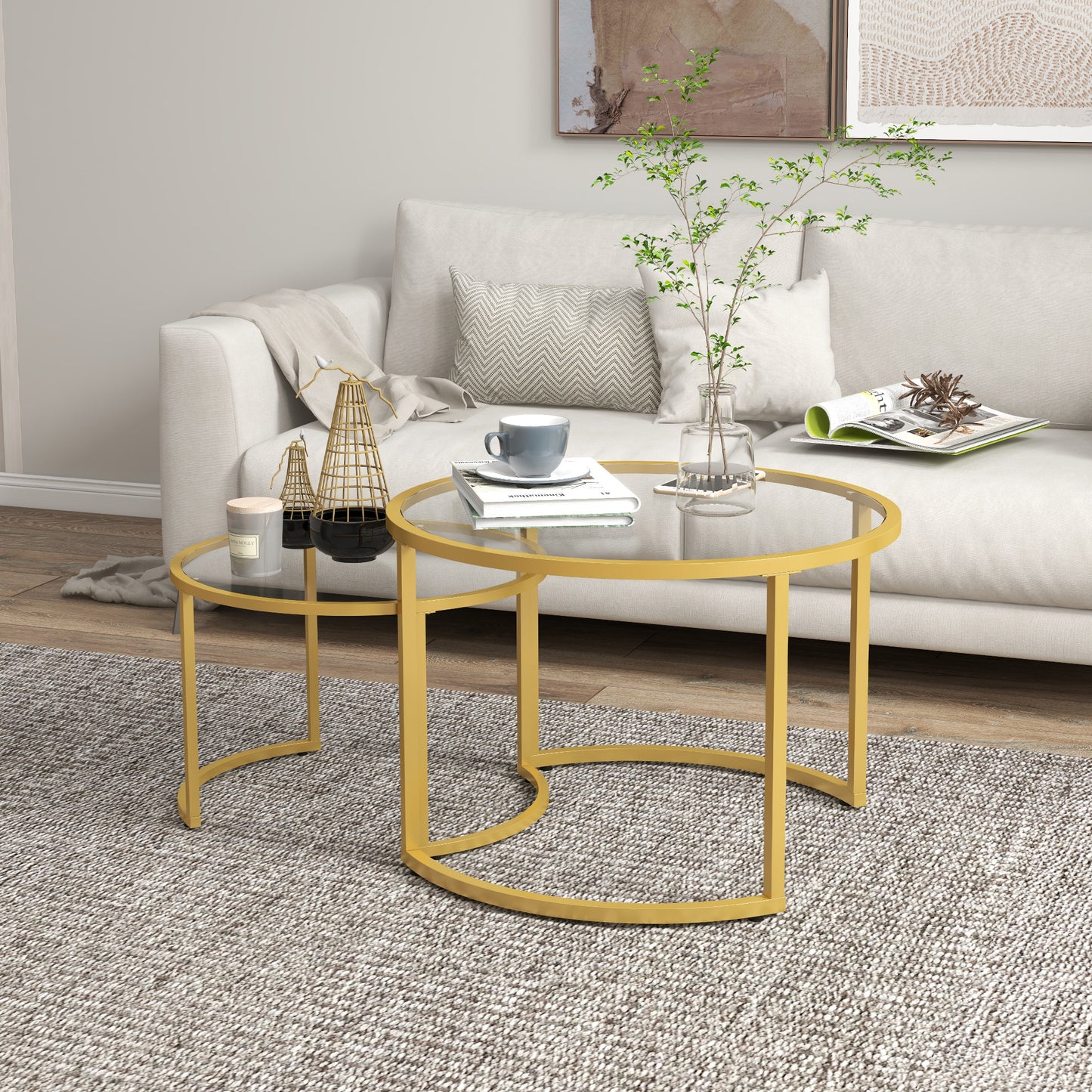 Gold Round Nesting Tables Set of 2 with Tempered Glass Top