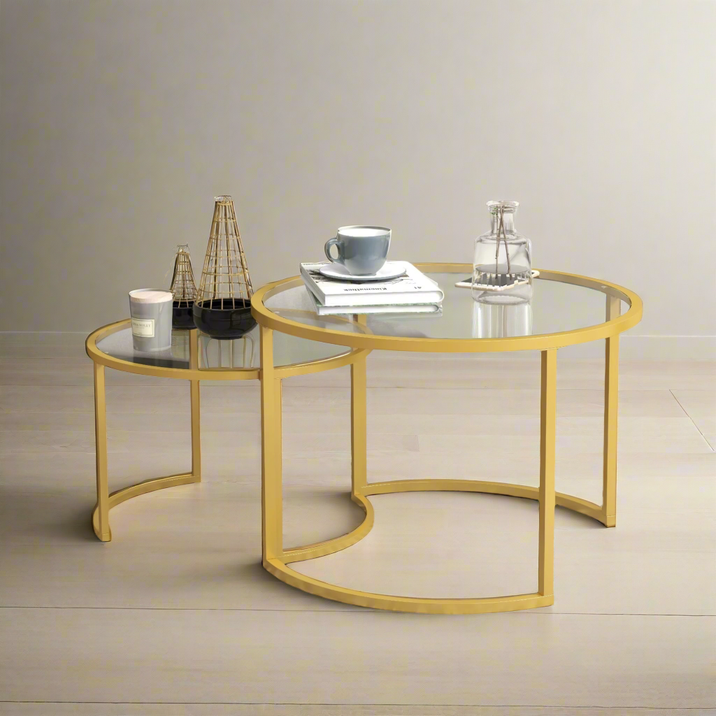 Gold Round Nesting Tables Set of 2 with Tempered Glass Top