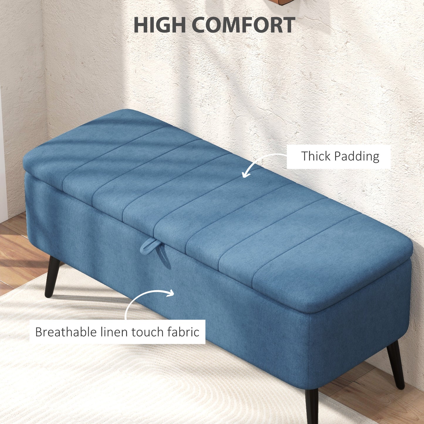 40" Linen Storage Ottoman Bench with Steel Legs, Dark Blue