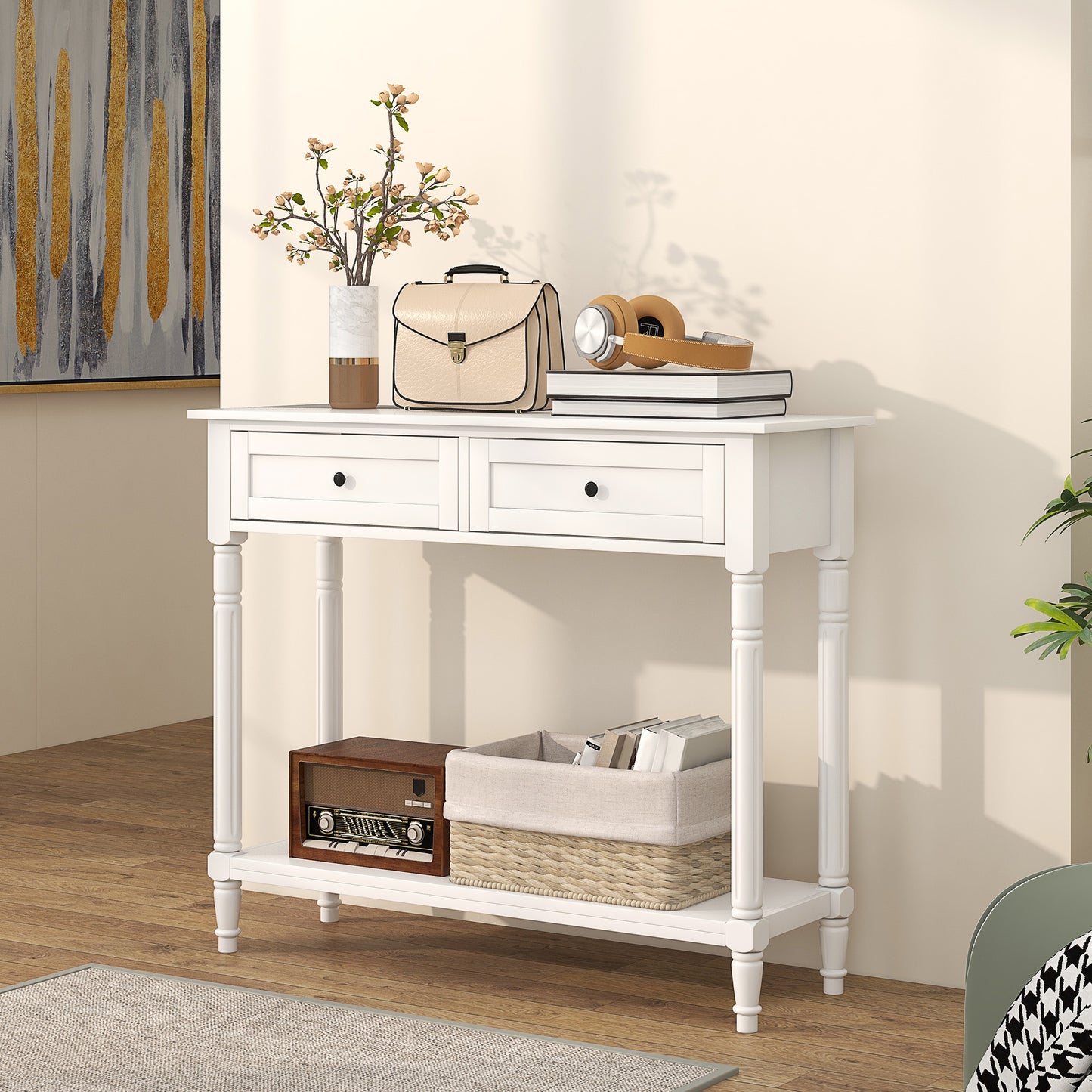 36" Console Table with Classic Turned Legs and Storage, White