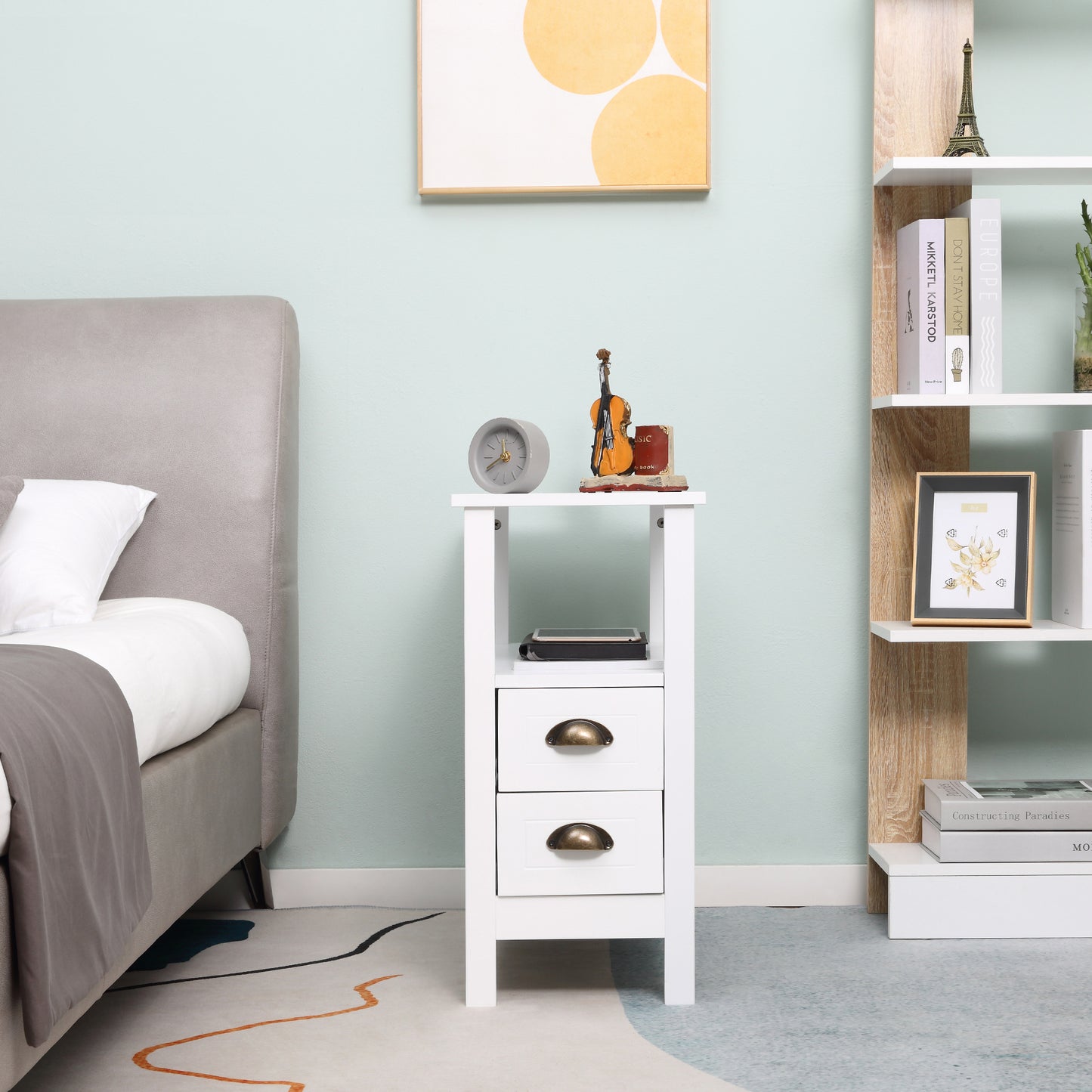 White Slim End Table with Drawers for Compact Spaces
