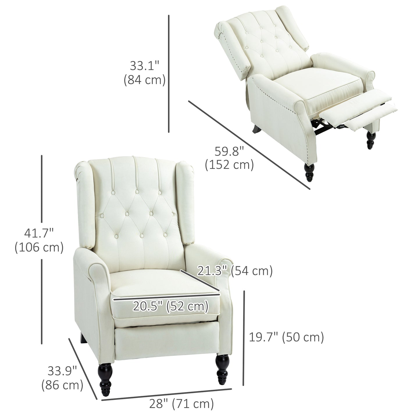 Wingback Reclining Chair with Button Tufting, Cream White