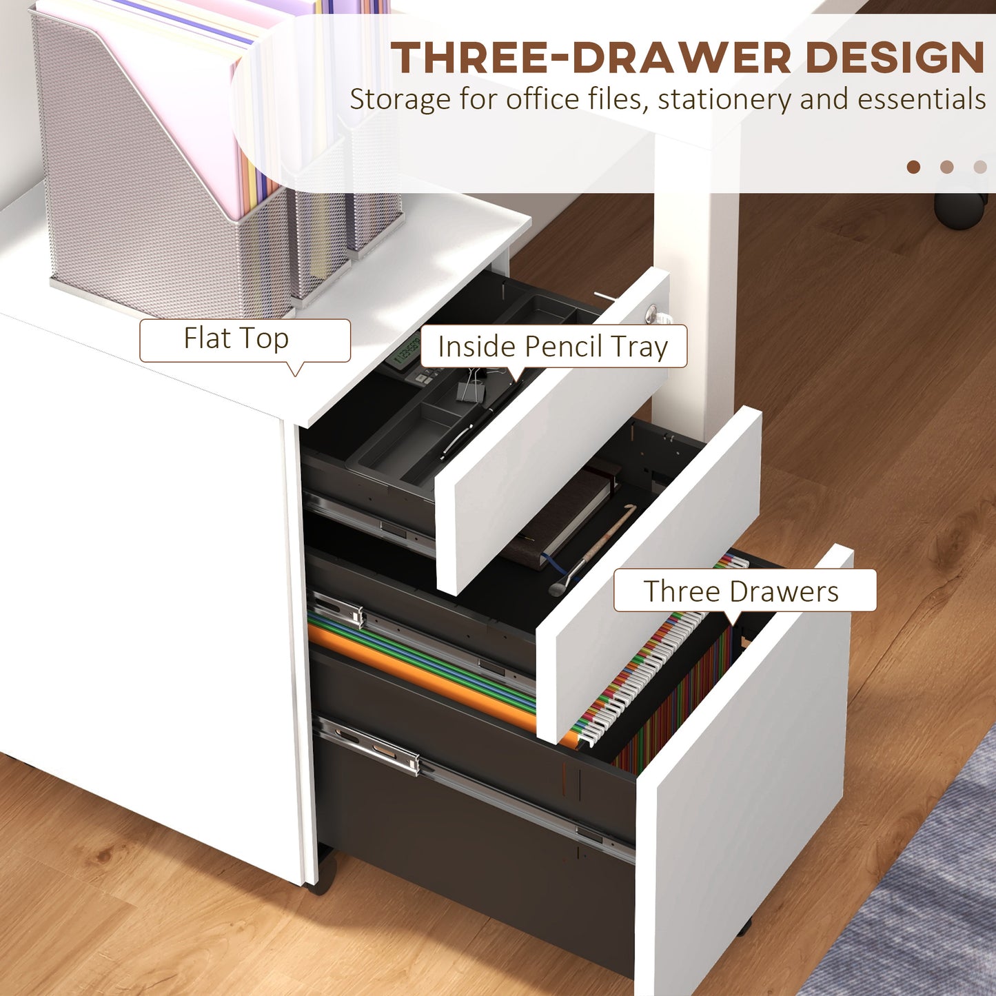 3-Drawer Mobile Steel Filing Cabinet with Lock - White
