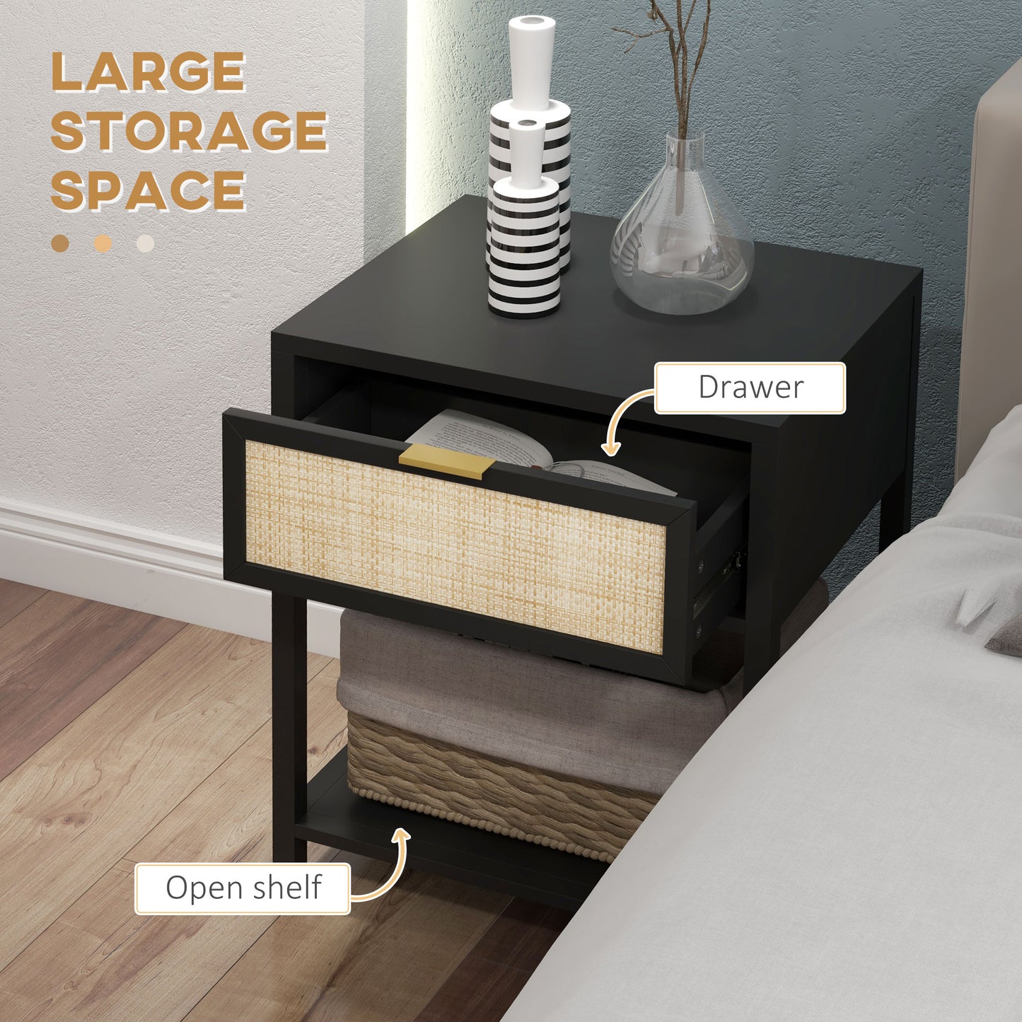 Boho Nightstand with Rattan Drawer and Open Shelf, Black