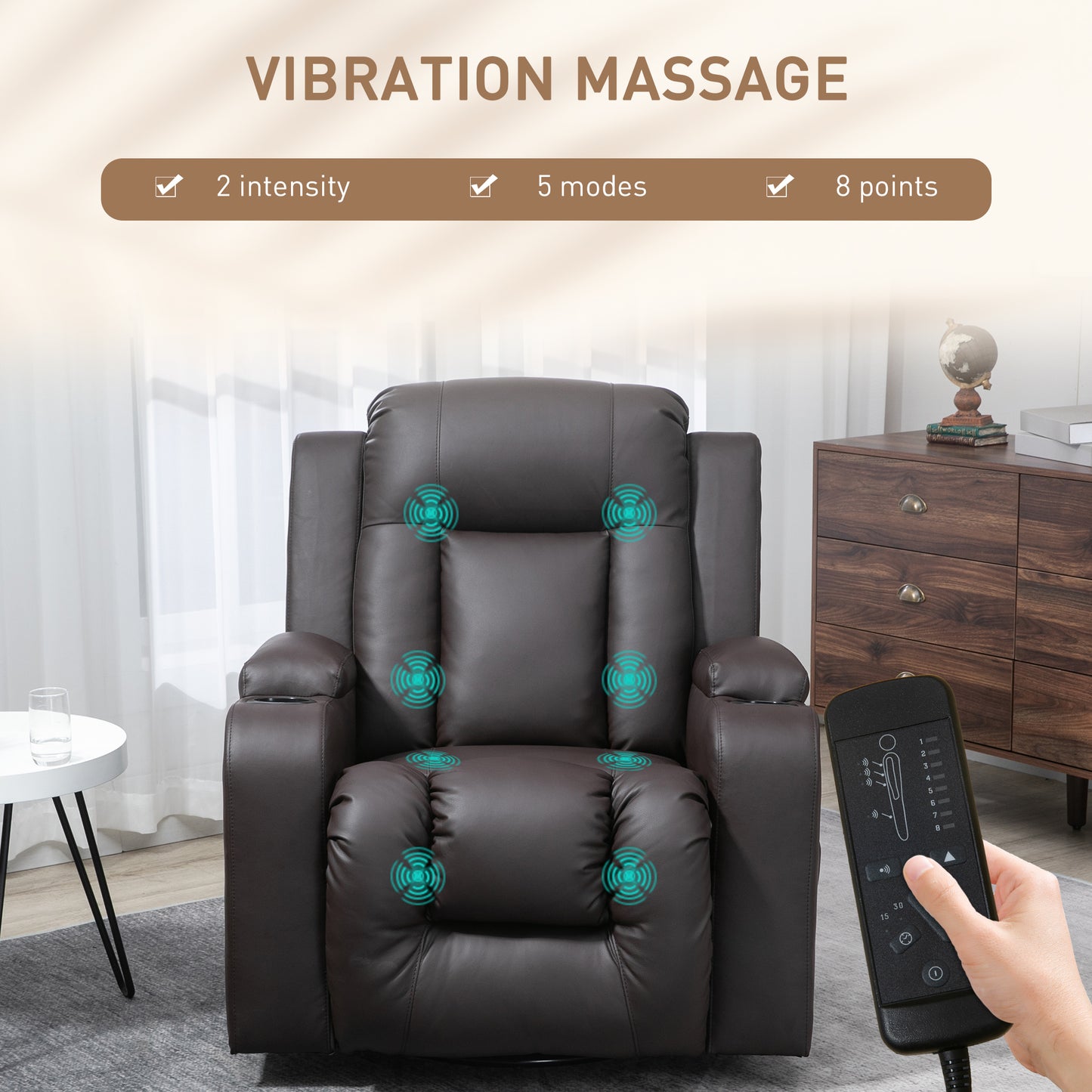 360° Swivel Massage Recliner Chair with Cup Holders, Brown