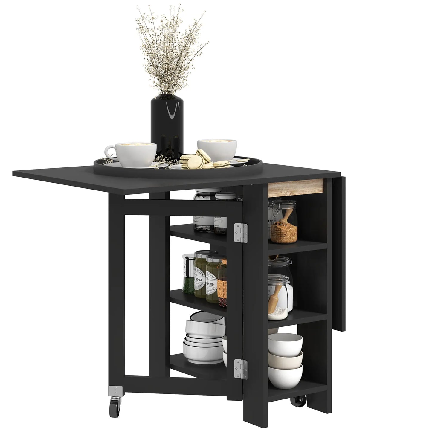 Folding Dining Table with Built-In Storage Shelves - Black
