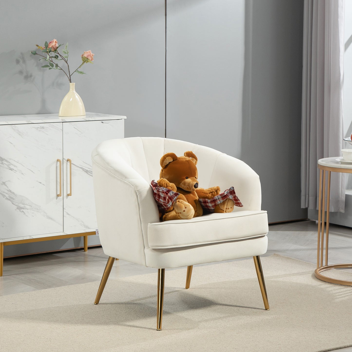 Channel-Tufted Tub Armchair with Upholstery and Gold Legs, Cream