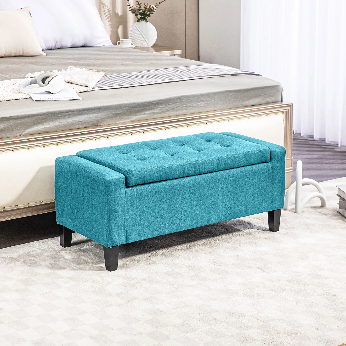 Linen Upholstered Storage Ottoman Bench with Tufted Design, Green