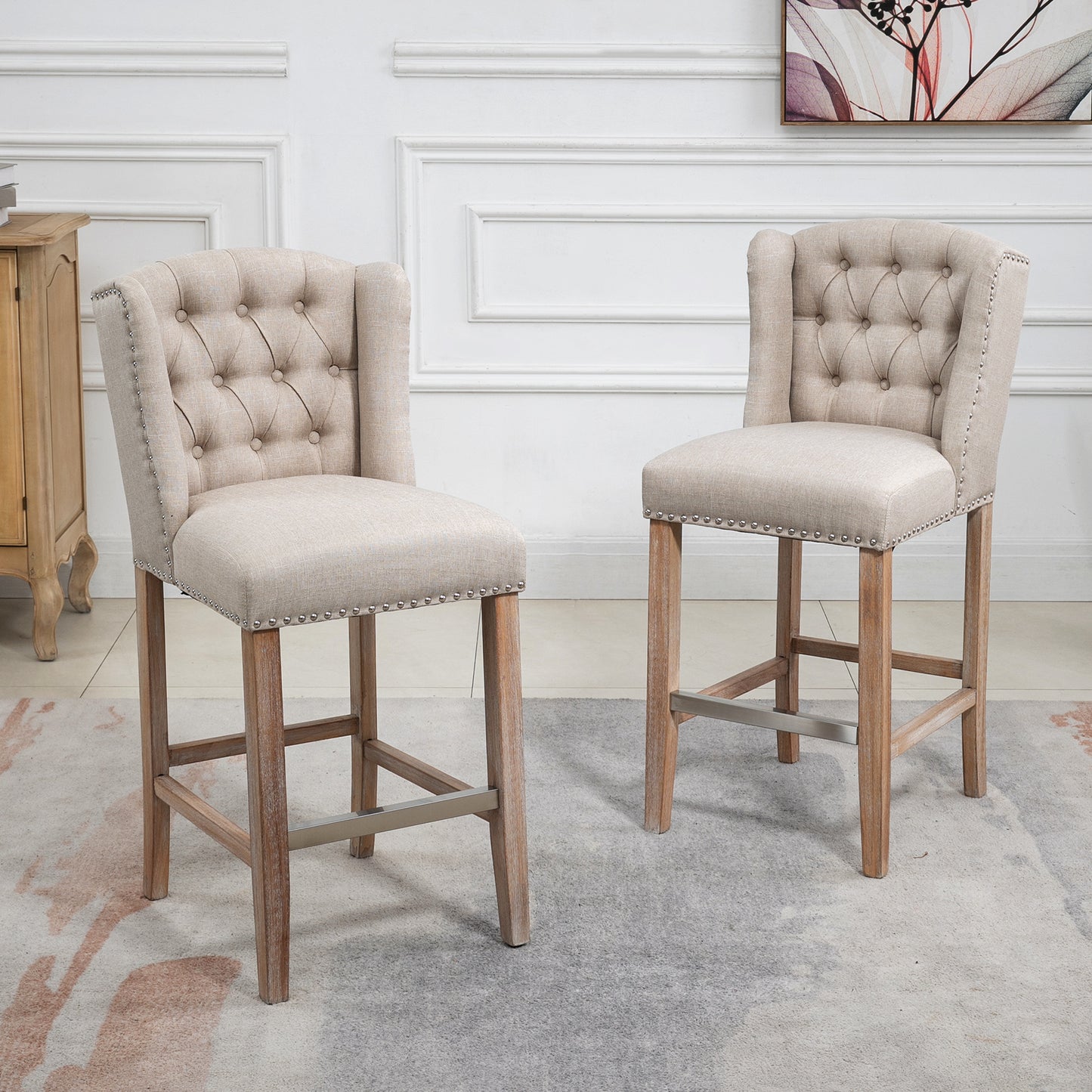Upholstered Bar Stools with Tufted Nailhead Trim and Wood Legs, Beige (Set of 2)