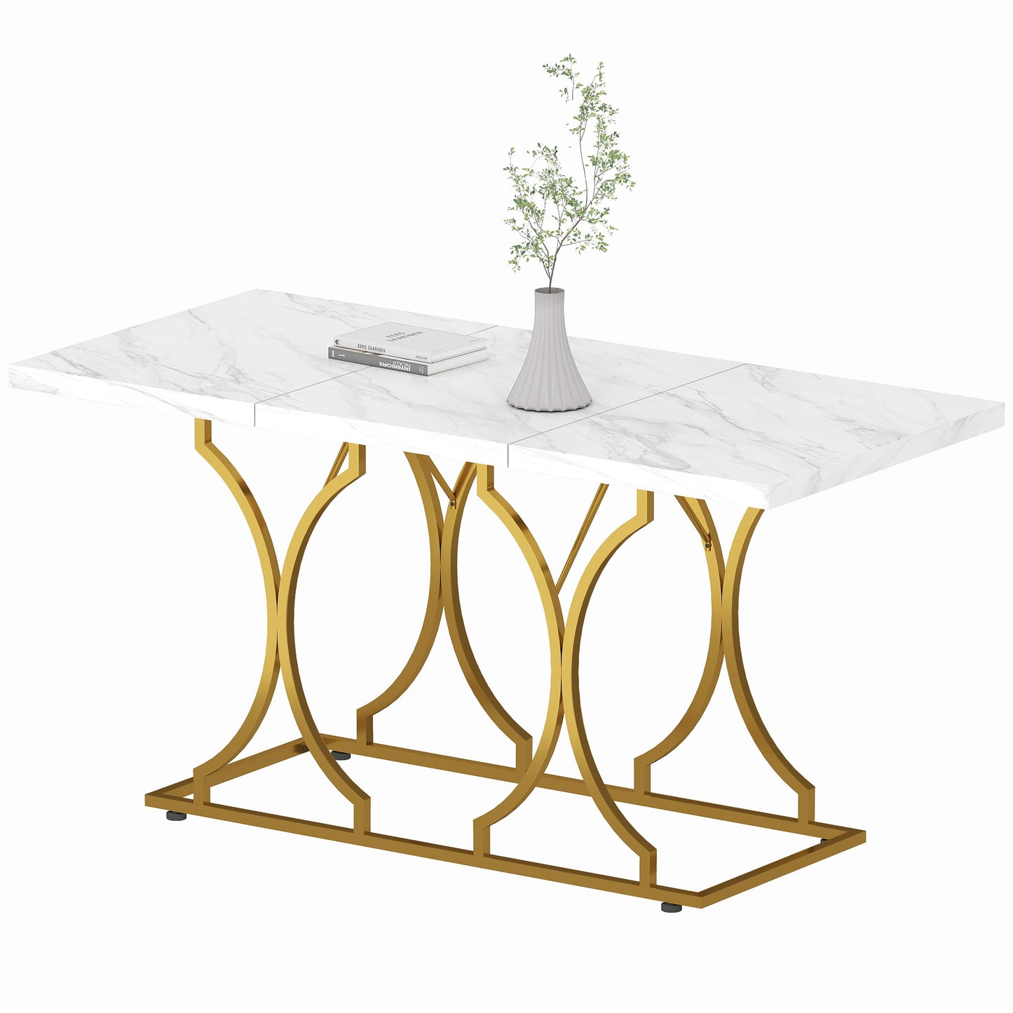 59" Dining Table with Marble Pattern and Metal Pedestal - White