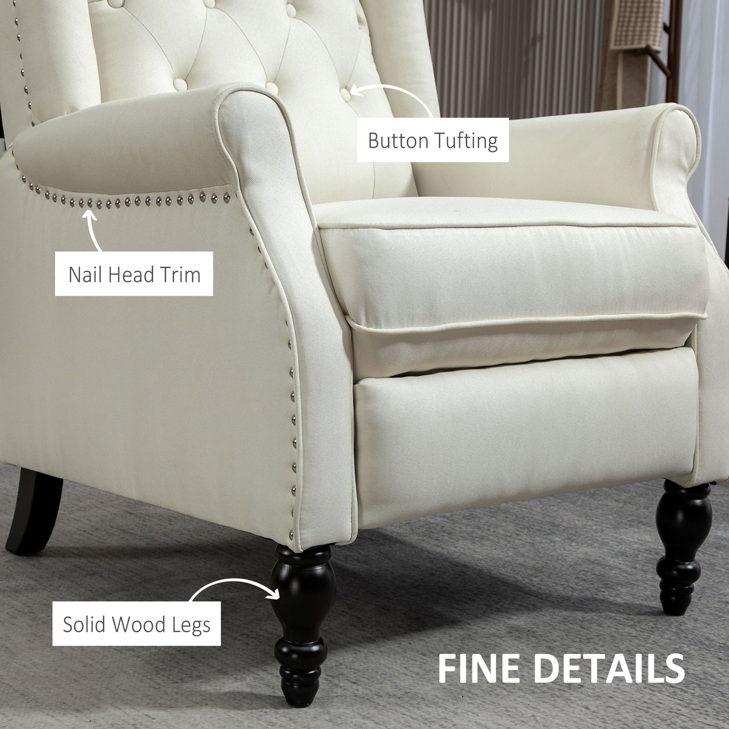 Wingback Reclining Chair with Button Tufting, Cream White
