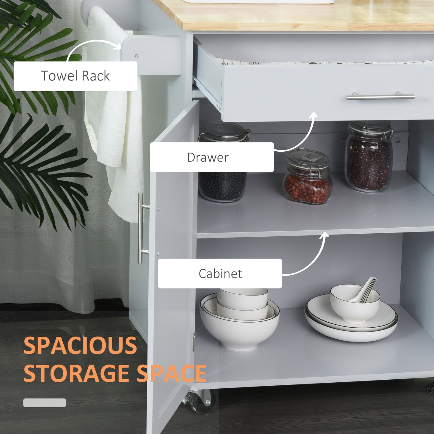 Rolling Kitchen Island Cart with Wood Top, Storage Drawer and Towel Rack, Grey