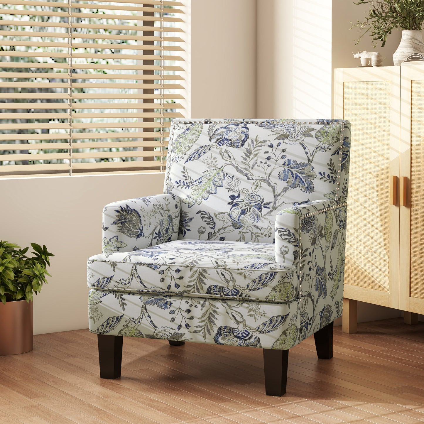 Upholstered Armchair, Mid-Century Accent Chair with Floral Pattern, Multicolor