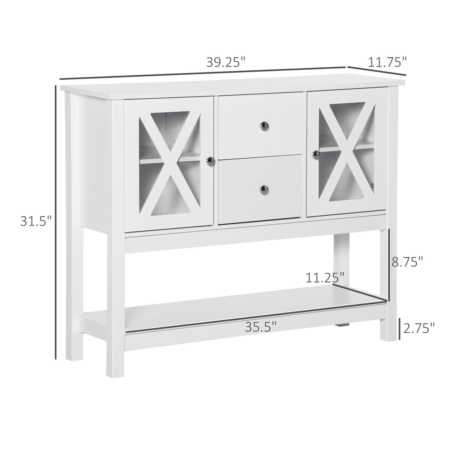 39" Modern Sideboard with X-Design Glass Doors and Storage, White