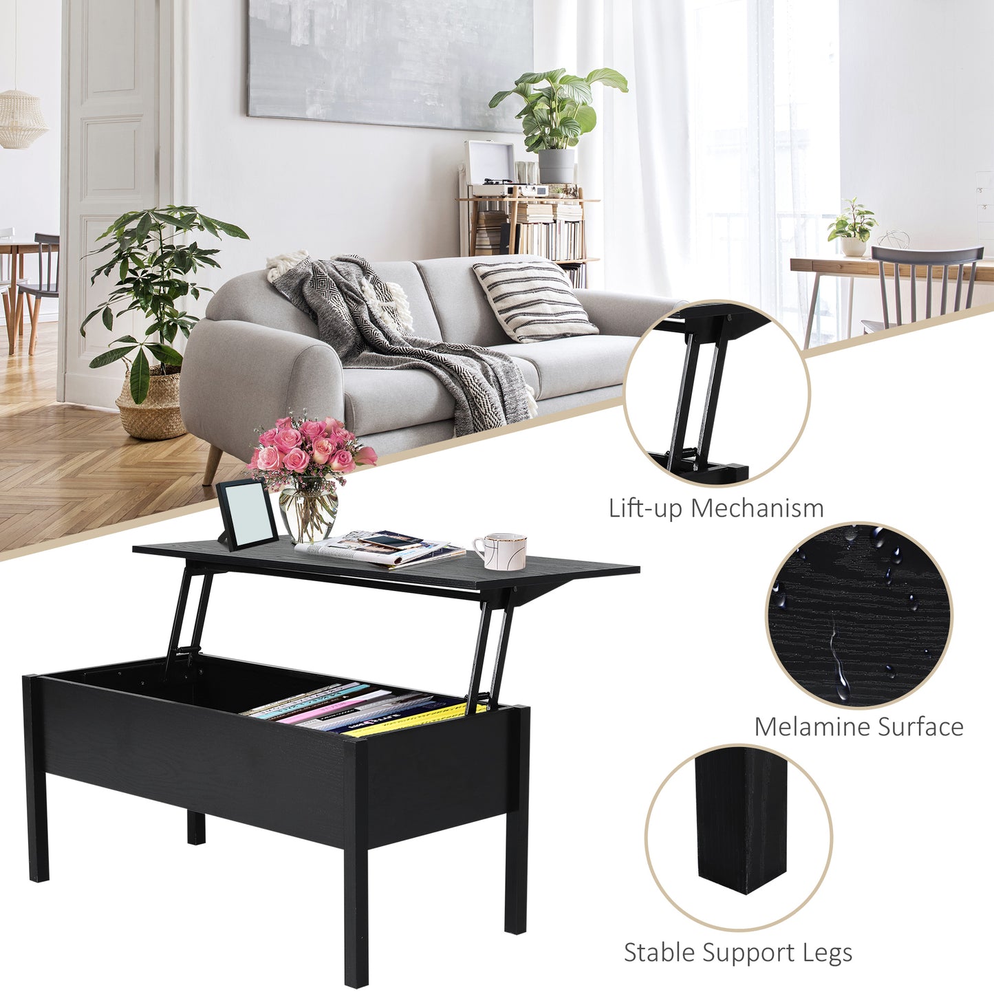 39" Lift Top Coffee Table with Hidden Storage, Black