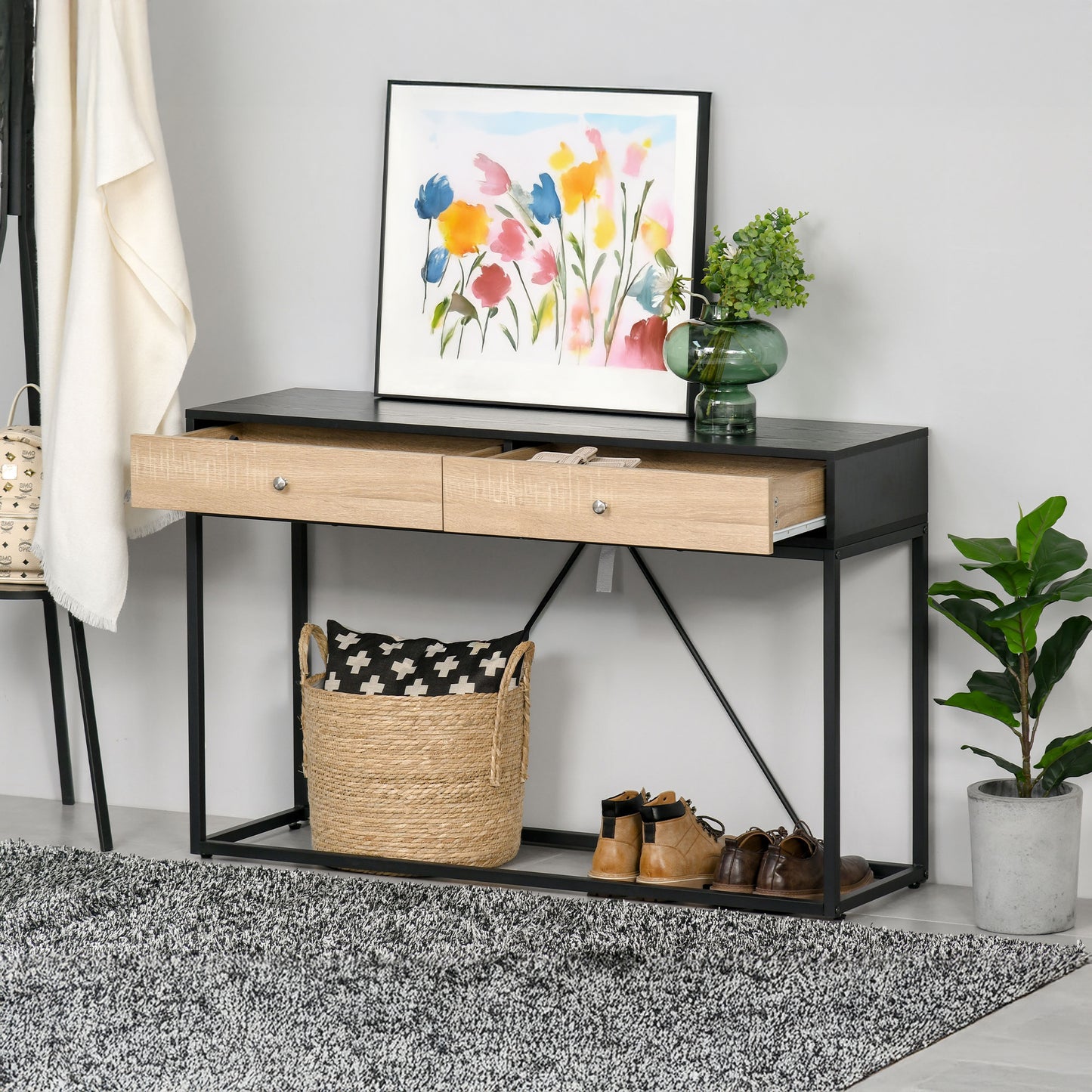 47" Industrial Console Table with Steel Frame and 2 Storage Drawers, Black