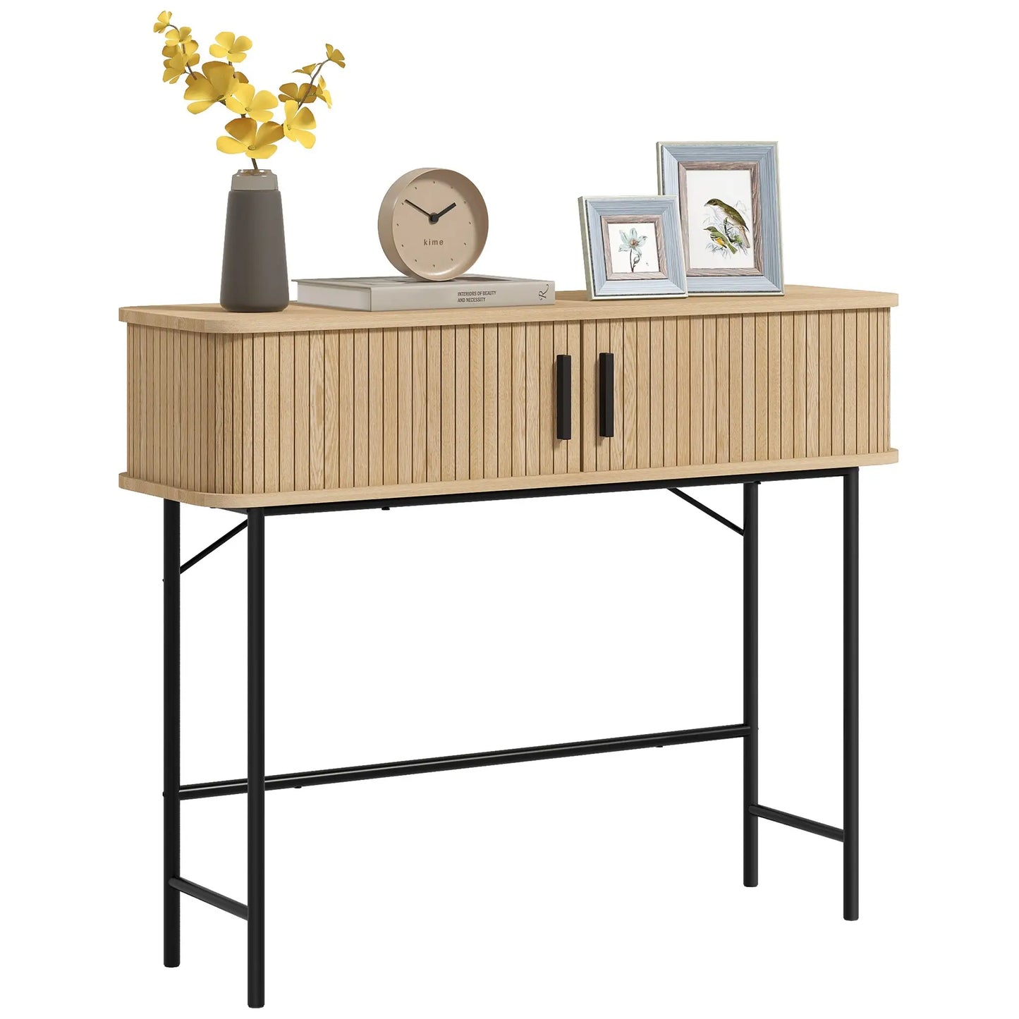 39" Mid-Century Console Table with Sliding Tambour Doors, Oak and Black