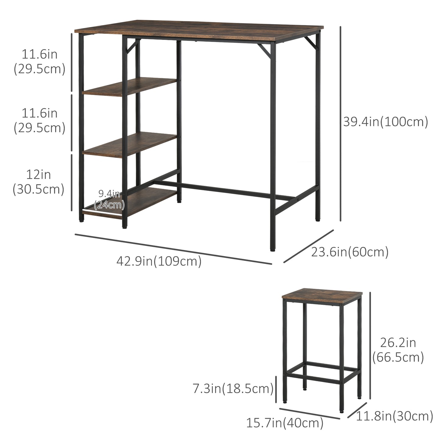 Industrial Bar Table Set with 2 Stools and Storage Shelf